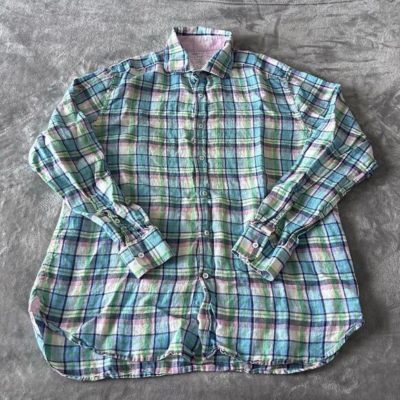 Lilly Pulitzer Wyeth Linen Long Sleeve Flannel Style Button Up Plaid Pink Blue - Picture 2 of 6